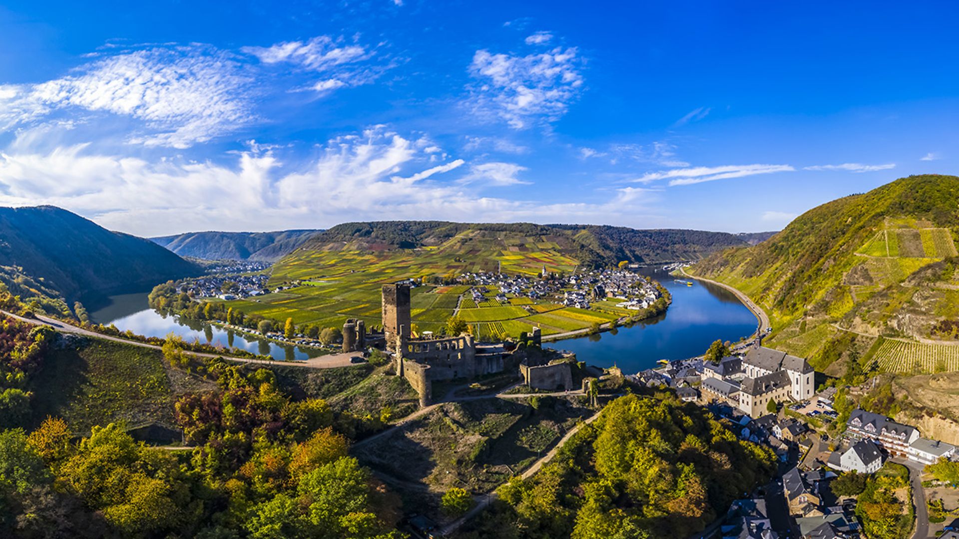 Vogelperspektive, Poltersdorf mit Weinbergen und dem Schloss Metternich, Mosel