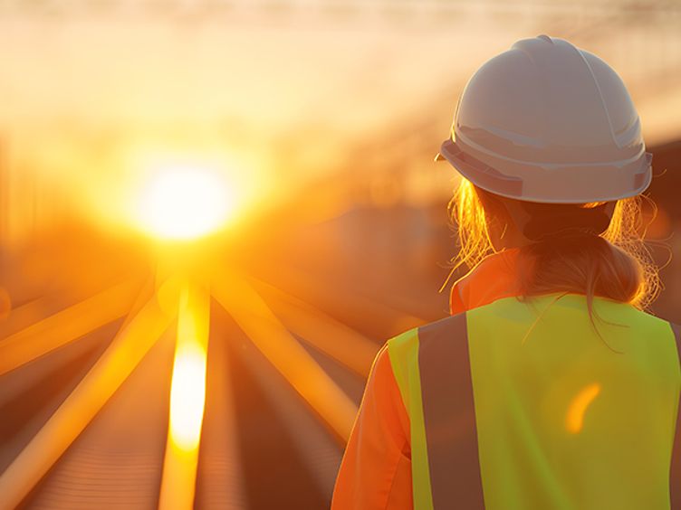 Eisenbahnbauingenieur oder Bauarbeiter mit Schutzhelm und Sicherheitsausrüstung