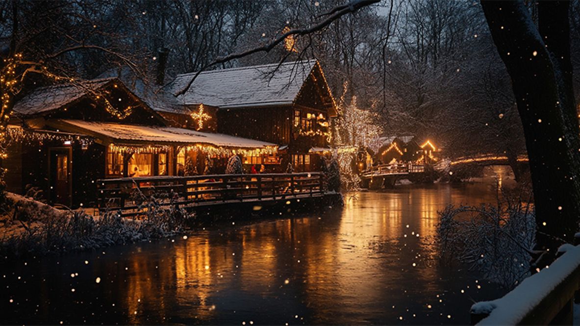 Schnee Hütte mit Weihnachtsbeleuchtung am See in der Nacht