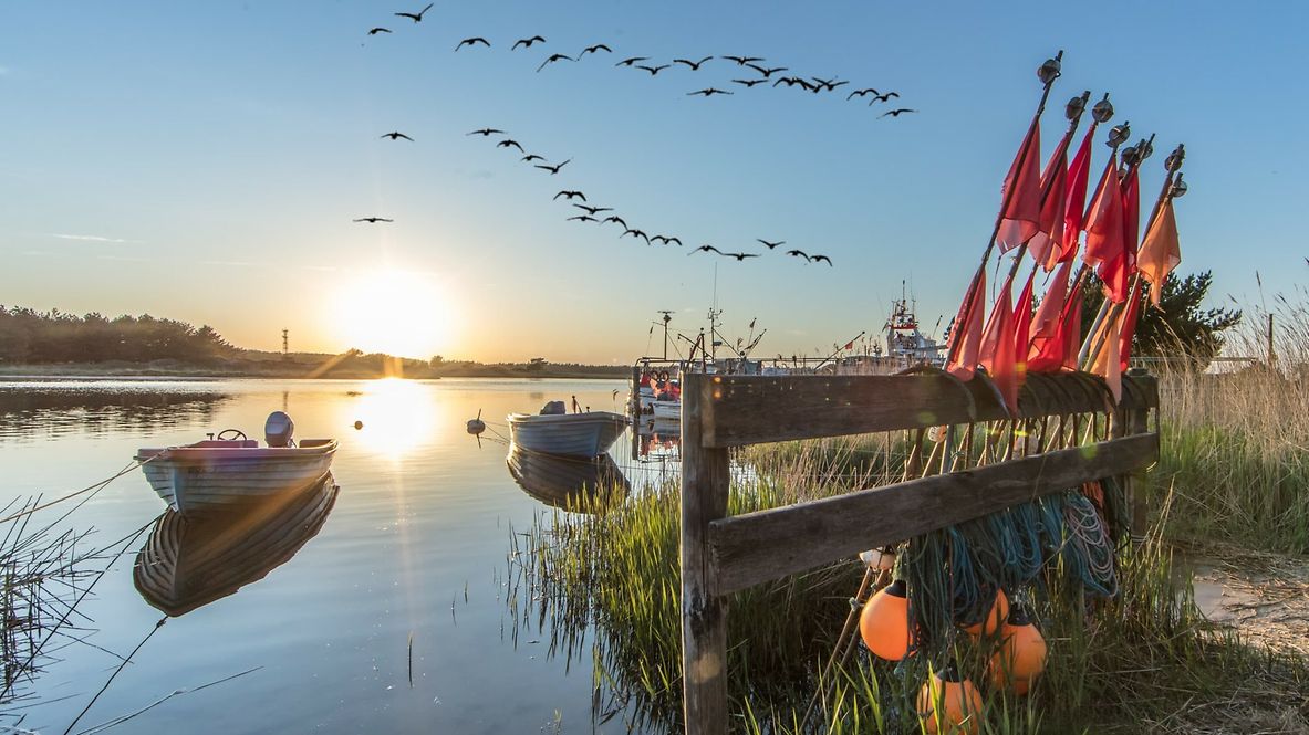 Ostseeküste, Meerzugang bei Sonnenuntergang